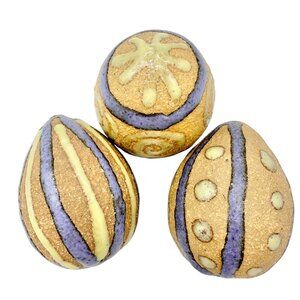 Handcrafted Clay Easter Eggs Set Of 3 Tan with Yellow and Purple Designs
